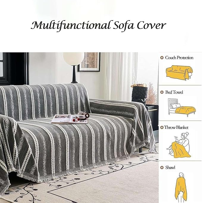 Couch Cover for Dogs Washable Sofa Cover, Sectional Couch Covers, Sofa Covers for 2 Cushion Couch, Non Slip Stripe Sofa Slipcovers Furniture Protector, Couch Protector from Cat Claws, Grey,75''x134''