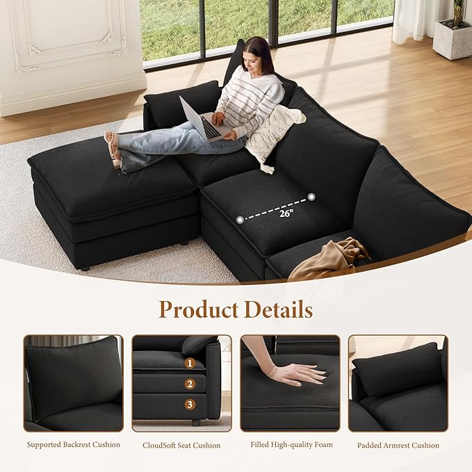 Vesgantti 108" U Shaped Sectional Couch, Comfy Cloud Modular Sectional Sofa with 2 Ottoman Deep Seat Chenille Modern Cloud Sofa, Modular Sofas for Living Room, Bedroom and Apartment, Black
