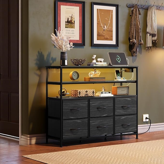 WLIVE Black TV Stand for 40, 45 inch TV, Entertainment Center with LED Lights & Charging Station, TV Media Console Table with 6 Fabric Drawers and Open Shelves for Living Room, Hallway, Wood Top