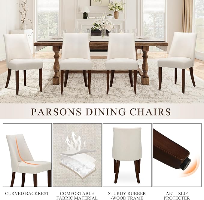COLAMY Upholstered Dining Chairs Set of 4, Mid Century Modern Kitchen Chairs with Back, Farmhouse Fabric Side Dining Room Chairs with Wood Legs for Dining Room Restaurant, Beige