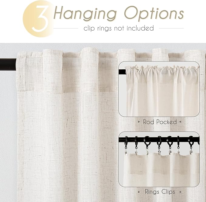 Natural Linen Curtain 102 inch Long 2 Panels Set Back Tab Light Filtering - Image 2