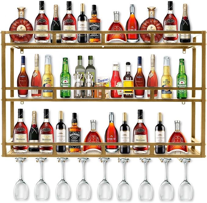 47 Inch Metal Wine Rack Wall Mounted, Bar Shelves for Liquor Bottles with LED Light, 3 Tier Large Capacity Liquor Rack Wall Mounted with Glass Holder for Home Bar & Dining Room, Gold