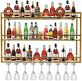 Metal Wine Rack Wall Mounted, Bar Shelves for Liquor Bottles with LED Light, 3 Tier Large Capacity Liquor Rack Wall Mounted with Glass Holder for Home Bar & Dining Room （Gold, 59in/150cm）