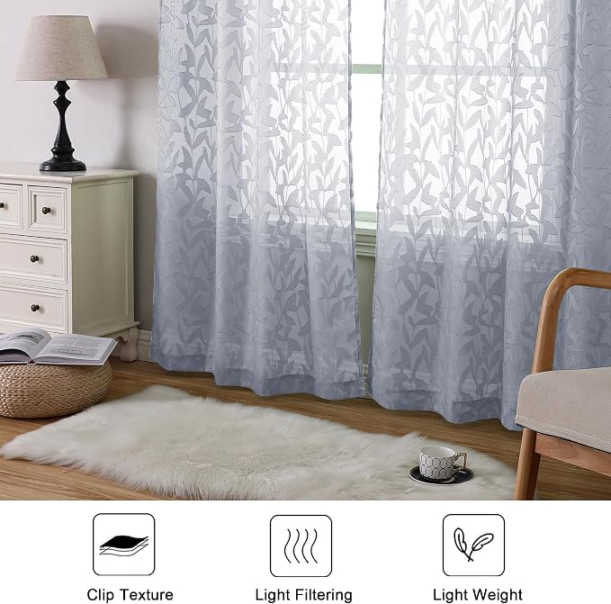 Lecloud Leia Light Grey Sheer Curtains 96 Inches Long 2 Panels, Jacquard Leaves - Image 3