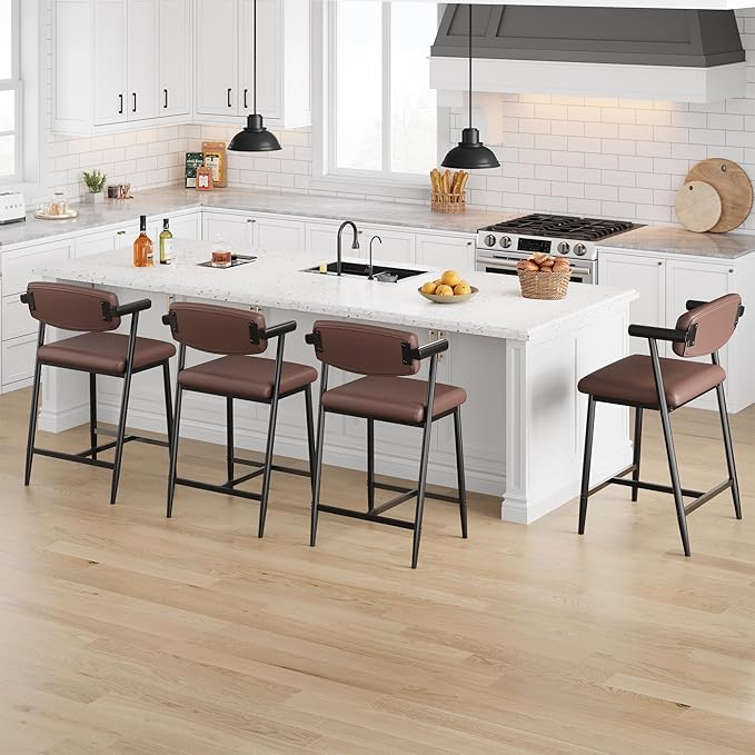 GarveeHome Counter Height Bar Stools of 4 with Armrests, 4 Piece Counter Height Bar Stools Set with Back, Upholstered Seat & Metal Footrest for Kitchen Islands, Counter Bars, Retro Brown