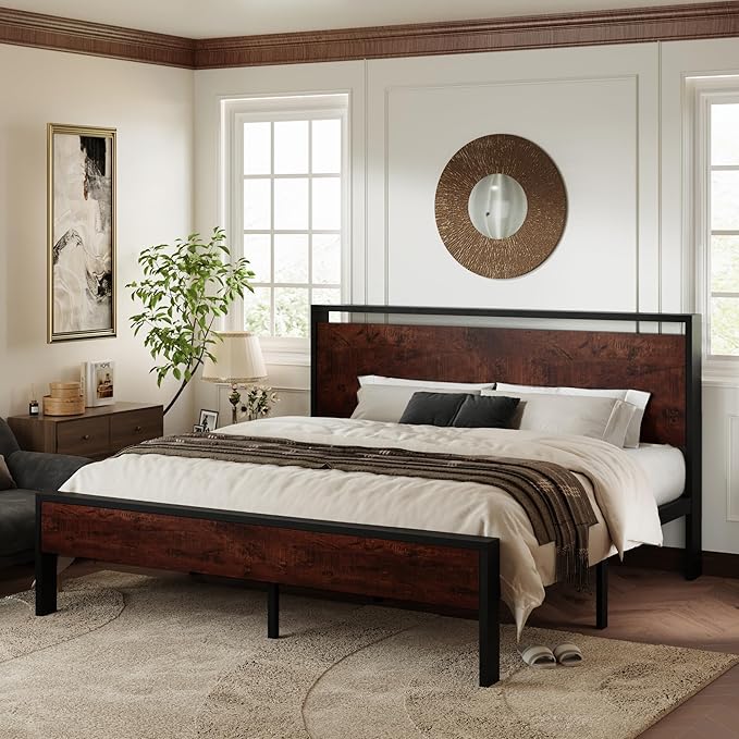 Allewie King Size Platform Bed Frame with Wooden Headboard and Footboard, Heavy Duty 12 Metal Slats Support, No Box Spring Needed, Under-Bed Storage, Noise Free, Easy Assembly, Mahogany