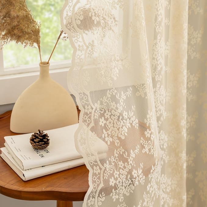 YJ YANJUN Vintage Lace Curtains 63 Inch Length Antique Chic Floral Beige Sheer by YJYANJUN