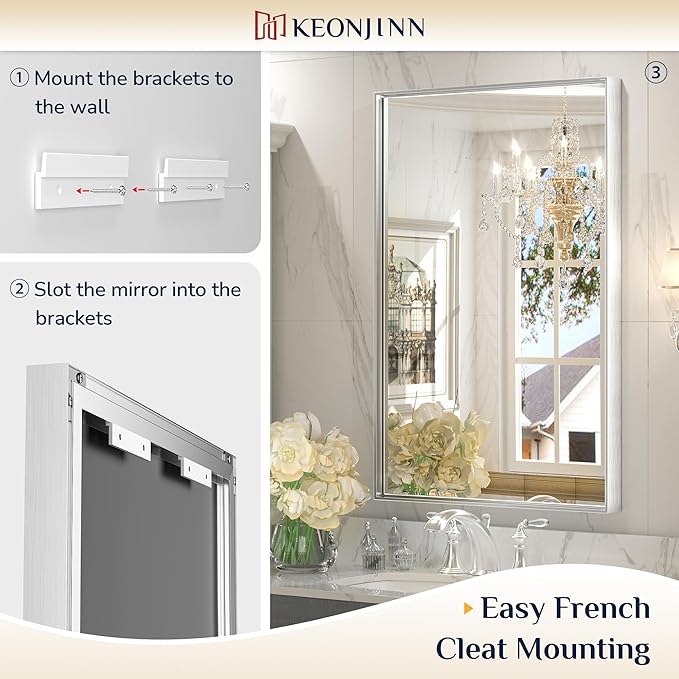 Keonjinn 55 x 30 in Brushed Silver Bathroom Vanity Mirror, Large Silver Framed Mirror for Over Sink, Metal Framed, Rectangle Square Corner, Modern Farmhouse Decorative(Horizontal/Vertical)