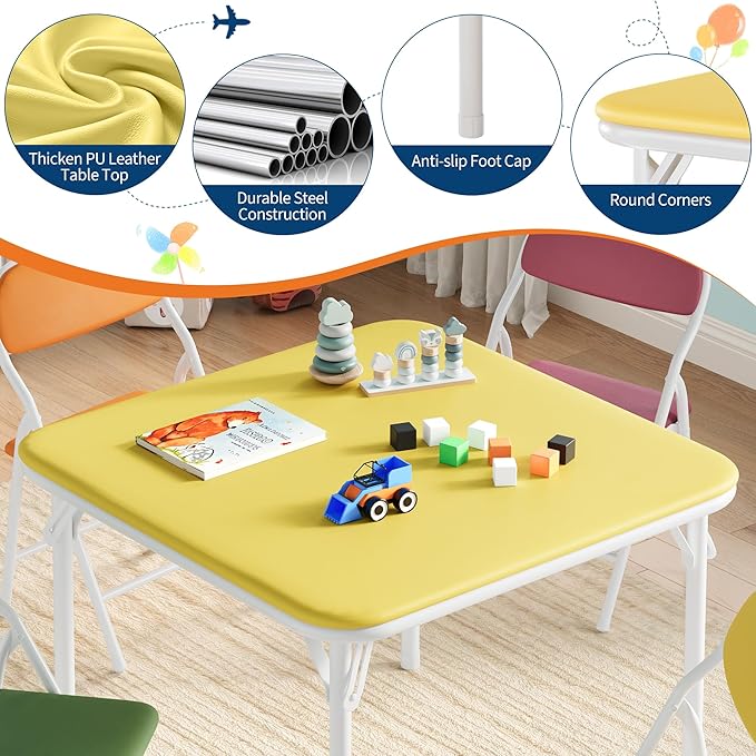 IDEALHOUSE 5 Piece Boys Girls Folding Table and Chairs Set, Activity Table and Chairs Set for Dining Room,Daycare,Classrooms
