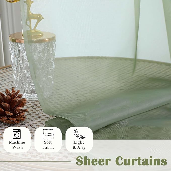 Lecloud Sage Green Sheer Curtains 84 Inches Long 2 Panels Set, Solid Airy Voile - Image 3