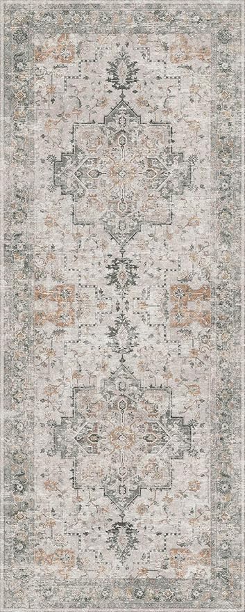GENIMO Runner Rug 2x12, Non Slip Vintage Hallway Runner Rugs, Low Pile Lightweight Machine Washable Mat for Hallway, Entryway, Bedroom, Kitchen and Corridor,Light Taupe Brown
