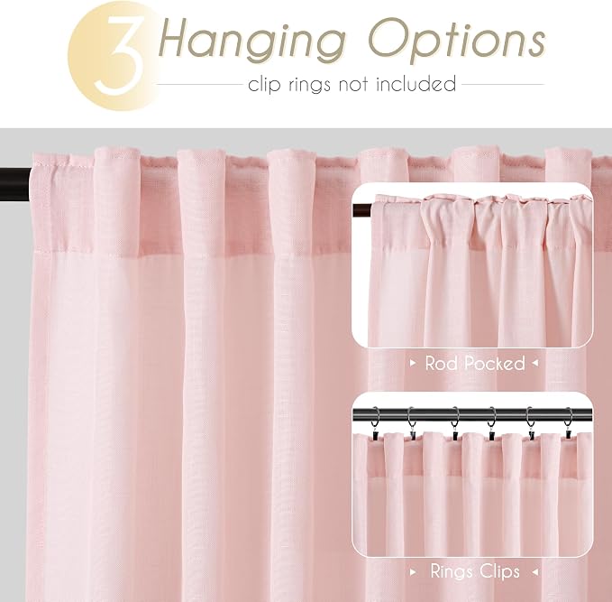 Pink Linen Curtains 90 Inch Long Back Tab Rod Pocket Window Treatment Curtain - Image 2