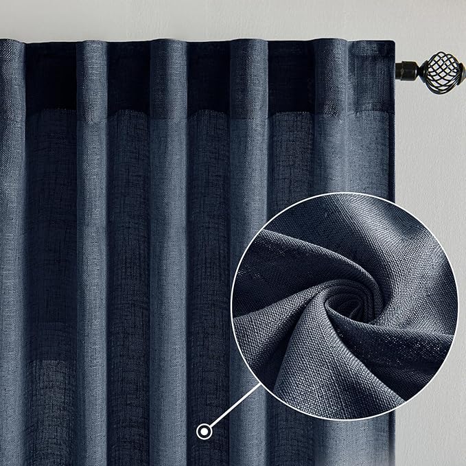 MIULEE Navy Blue Linen Curtains 84 Inch Length 2 Panels - Image 2