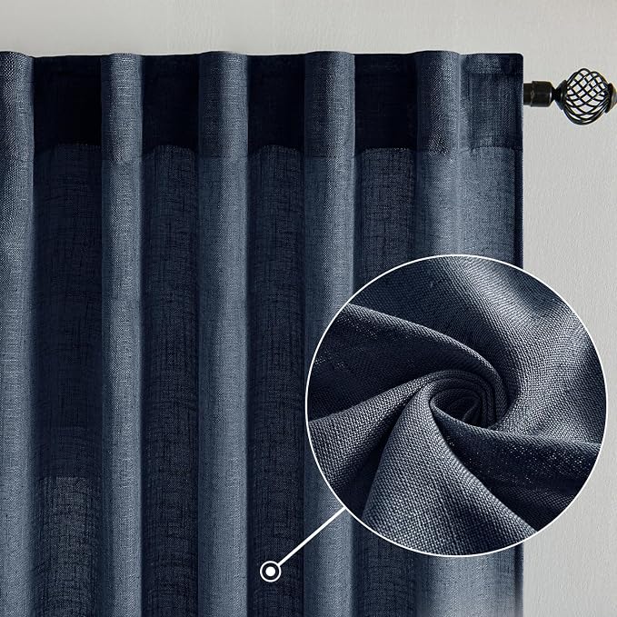 MIULEE Navy Blue Linen Curtains 96 Inch Length 2 Panels - Image 2