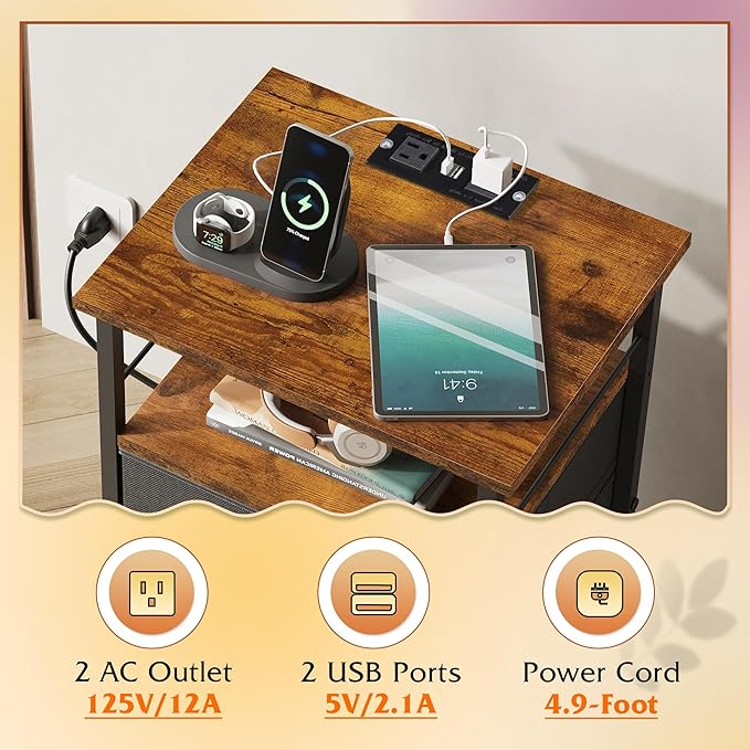 WLIVE Nightstand with Charging Station, Night Stand with 2 Fabric Drawers, Bedside Table, Small Dresser for Bedroom, Side Table with USB Ports and Outlets, Black and Rustic Brown