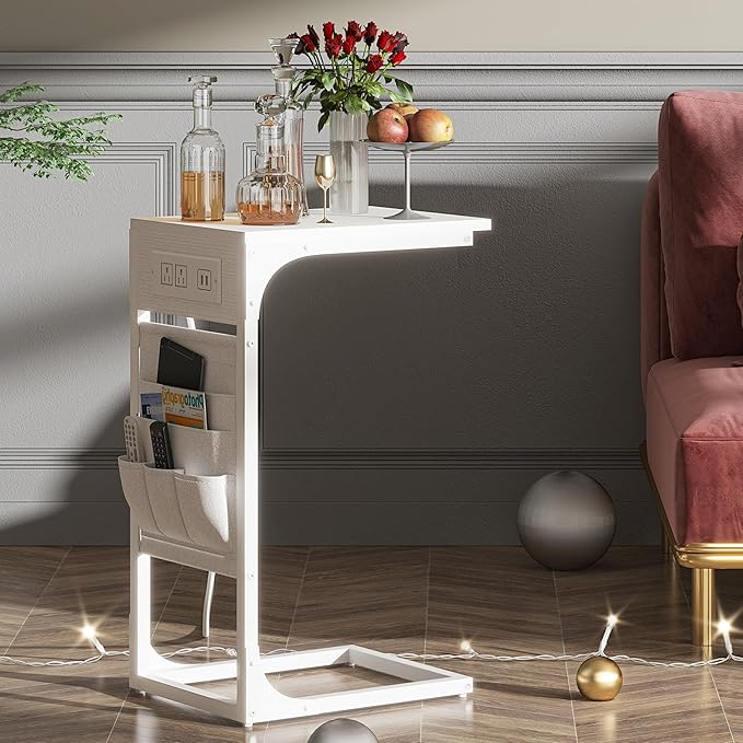 TUTOTAK C Shaped End Table with Charging Station, Side Table for Sofa, Couch Table with Storage Bag, Set of 2, TV Tray Table with 2 USB Ports and Outlets for Living Room, Bedroom, White TB01BW0242