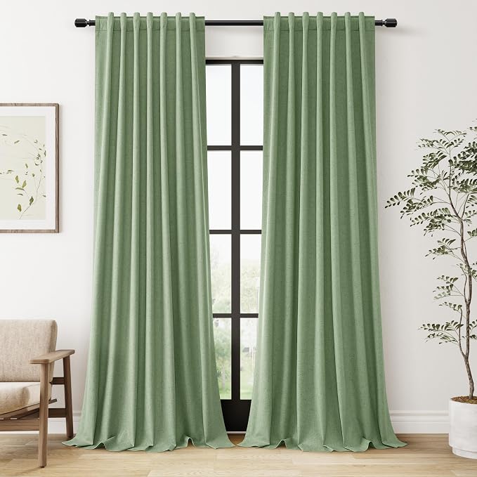 Guken Light Sage 100% Blackout Linen Curtains 96 Inch Length 2 Panels Set by Guken