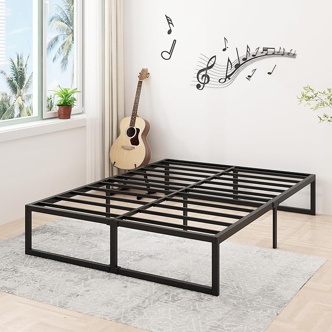 14 Inch Queen Bed Frame Heavy Duty Steel Slat Support Metal Platform Bed Frame Queen Size No Box Spring Needed, Easy Assembly, Black