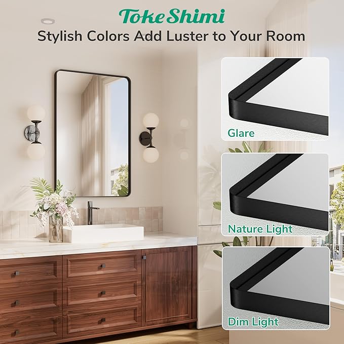 TokeShimi 48x24 Matte Black Bathroom Mirror for Over Sink,Bathroom Mirror Rectangle with Tempered Glass,Vanity Mirror with Seamless Aluminum Frame(Horizontal/Vertical)