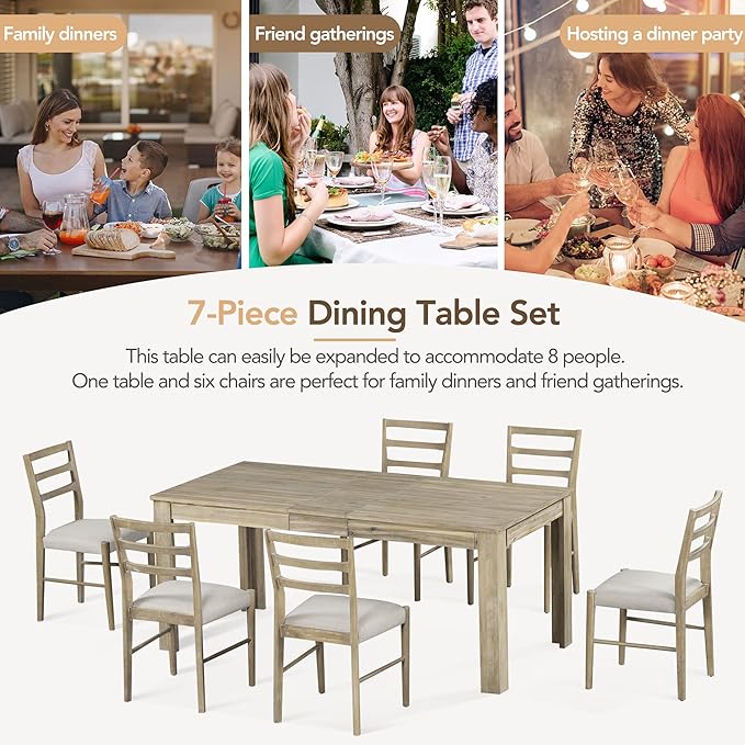 7 Pieces Dining Table Set with 6 Upholstered Chairs,Living Room Desk W/ 2 Drawers and 71.5" Rectangle Extendable Leaf,for Restaurant,Home Bistro,Natural Wood Wash