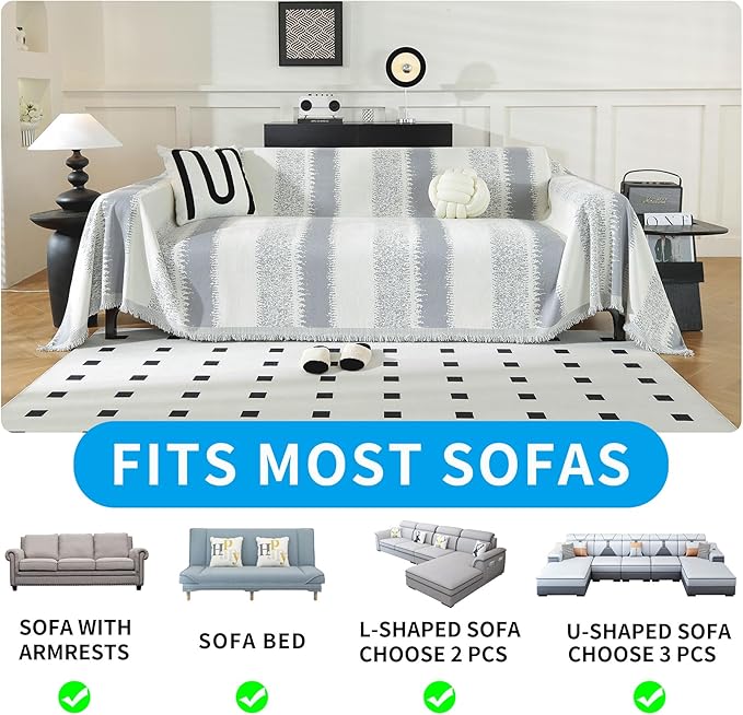LUFEIJIASHI Boho Couch Covers for Sofa Non Slip Sofa Covers Washable Couch Covers for 3 Cushion Couch Sofa Pet Friendly Sectional Couch Cover Blanket Furniture Protector for Dogs (Grey, 91"x118")
