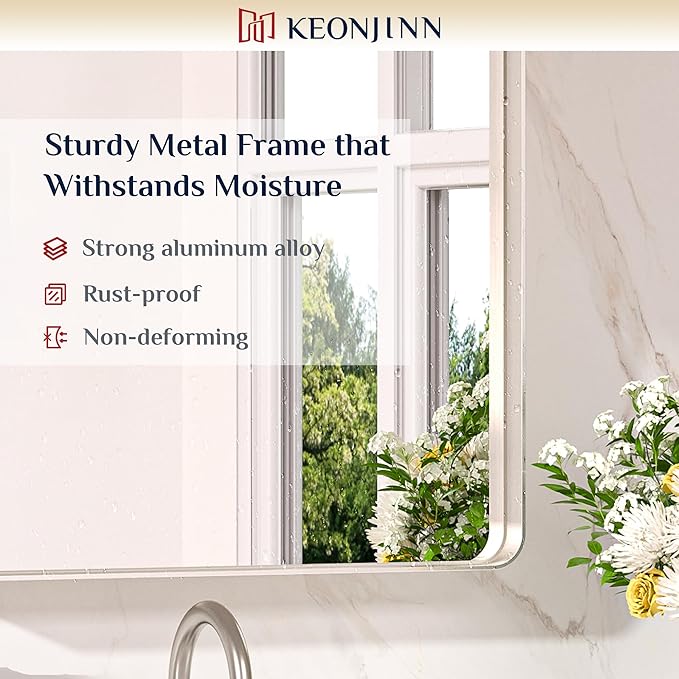 Keonjinn 30 x 30 Inch Brushed Nickel Bathroom Mirrors for Over Sink, Rounded Rectangle Silver Bathroom Vanity Mirror, Square Farmhouse Mirror for Wall, HD Tempered Glass, Aluminum Alloy Frame