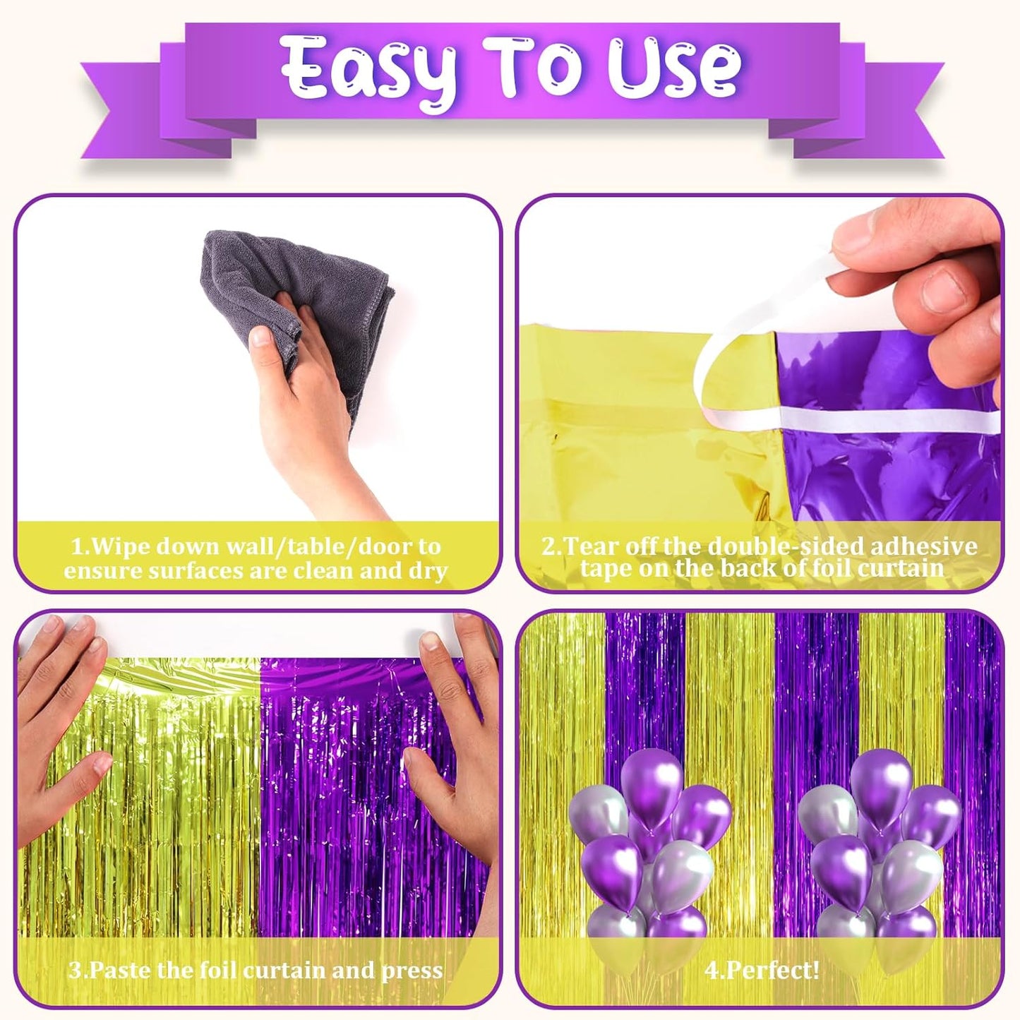 3 Pack 3.3 x 8.2 ft Purple and Gold Foil Fringe Backdrop Curtains, Tinsel Streamers Party Decorations, Fringe Backdrop, Door Shimmer for Graduation or Birthday Party