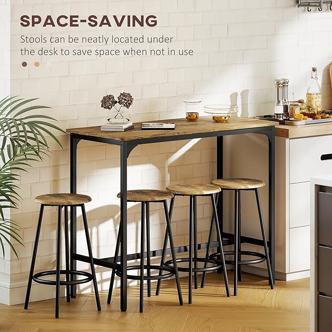 HOMCOM 5-Piece Counter Height Bar Table Set, Rustic 43.25" Dining Table with 4 Bar Stools, Kitchen Table with Wooden Top for Pub, Dining Room, Rustic Brown