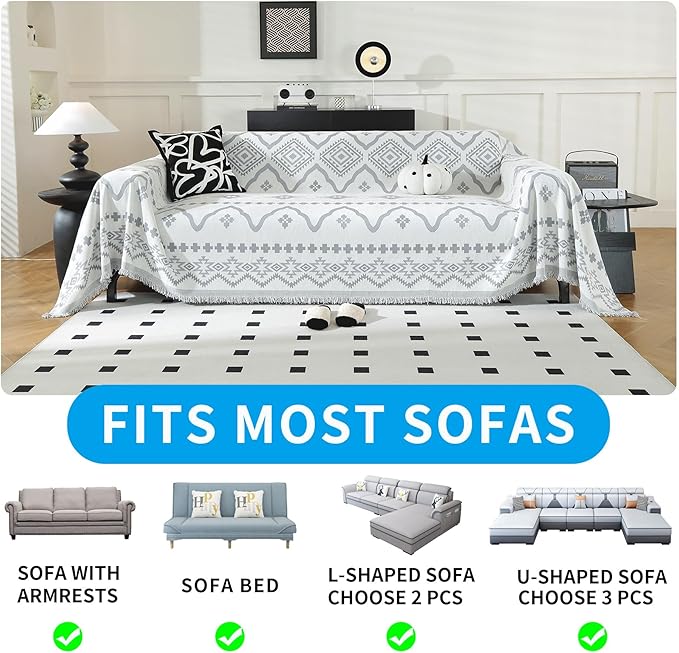 LUFEIJIASHI Boho Couch Covers for Sofa Non Slip Sofa Covers Washable Couch Covers for 3 Cushion Couch Sofa Pet Friendly Sectional Couch Cover Blanket Furniture Protector for Dogs (Grey, 71"x118")