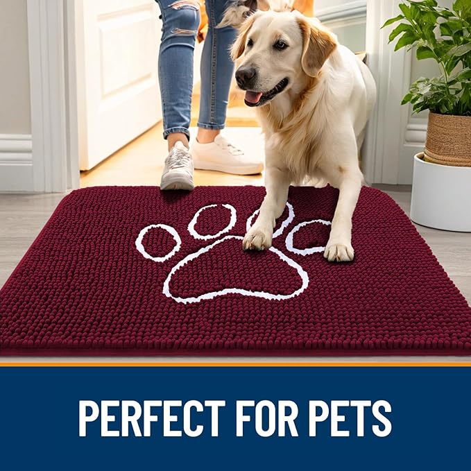 OLANLY Door Mat for Muddy Dog Paws 30x20, Ultra Absorbent Chenille Mud Doormat with Paw Print Design, Non-Slip Washable Doormat for Indoor Entryway, Quick-Dry Pet Bed Mats for Dirty Dogs, Burgundy