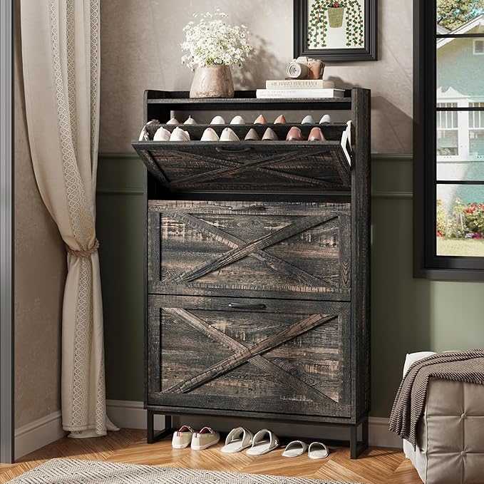 Maupvit Shoe Storage Cabinet with 3 Flip Drawers, Freestanding Organizer with Metal Legs for Entryway, Narrow Shoe Rack Cabinet, Dark Rustic Oak