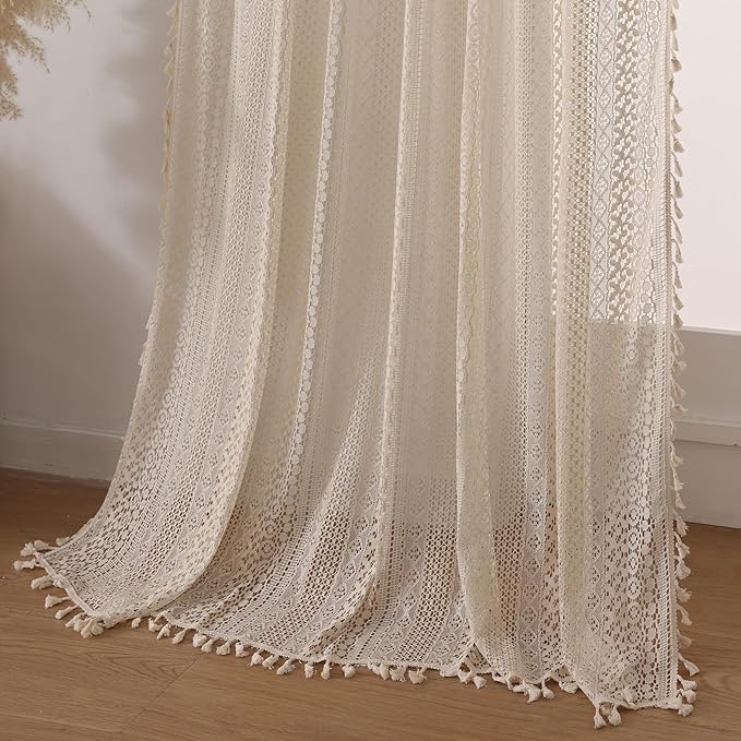 WAZZIO Boho Lace Curtains 108 Inch 2 Panel, Light Filtering Privacy Tassel & - Image 5