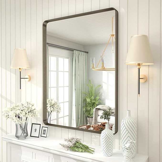 26x36 Inch Bronze Framed Mirror, Brushed Bronze Metal Bathroom Vanity Mirror for Wall, Modern Rectangle Mirror, Rounded Corner, Anti-Rust (Horizontal/Vertical)