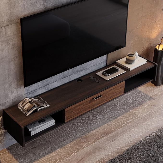 70'' Floating TV Stand,Wall Mounted TV Console,Floating TV Cabinet,Under TV Shelf for Bedroom Living Room(Walnut)