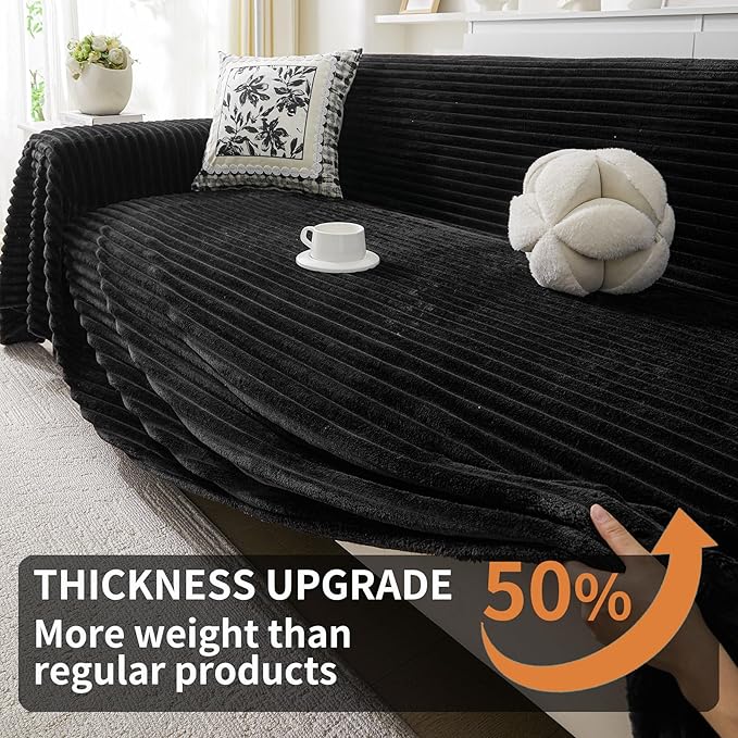 HAOMAIJIA Faux Fur Sofa Covers Couch Covers for 3 Cushion Couch Sofa Pet Friendly Soft Non Slip Couch Cover for Dogs Washable Sectional Couch Covers L Shape Furniture Protector (Black, 91"x134")