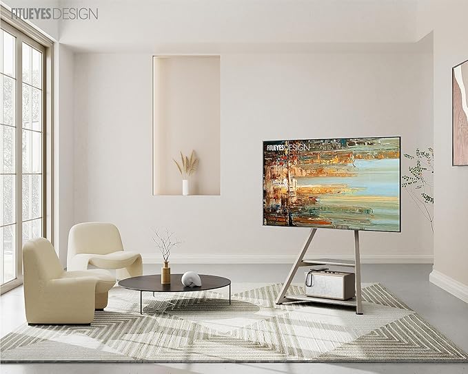 FITUEYES Design Corner TV Stand for 32 43 50 55 65 Inch TVs, Small Spaces Floor TV Stand Rolling TV Cart for LCD/LED Flat Curved Screens, Modern Living Room Television Stands, Eiffel Series, Camel