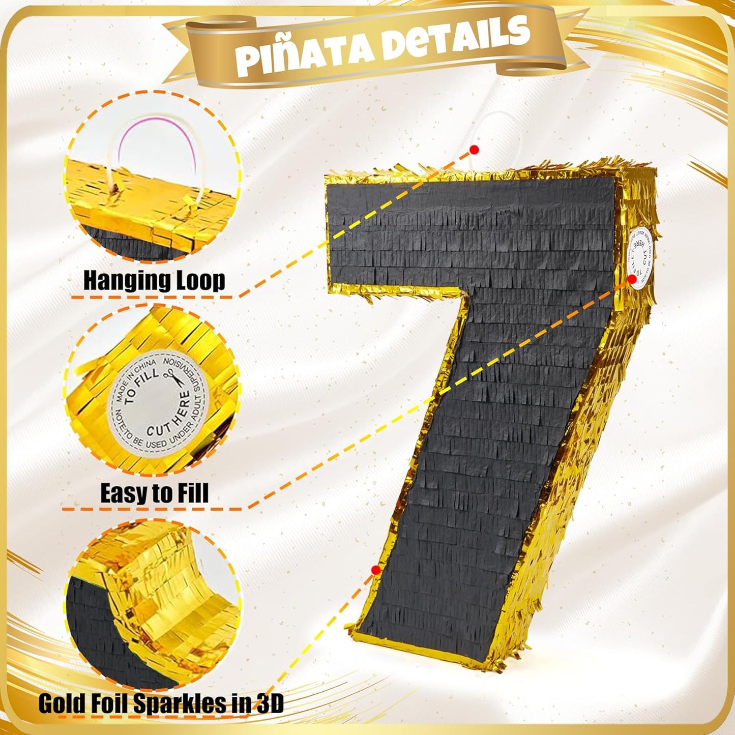 PCFING 20 Inch Number 7 Piñata Gold Black with 30 Inch Piñata Stick Blindfold Confetti for Man Women Boys Girls Birthday Party Decorations, Anniversary Celebration, Fiesta
