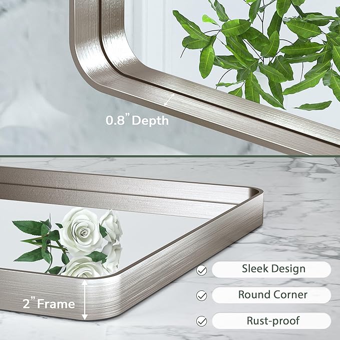 TokeShimi 30x36 Brushed Nickel Bathroom Wall Mirror Vanity Metal Frame Round Corner Rectangular for Home Decor Living Room Entryway (Horizontal/Vertical)