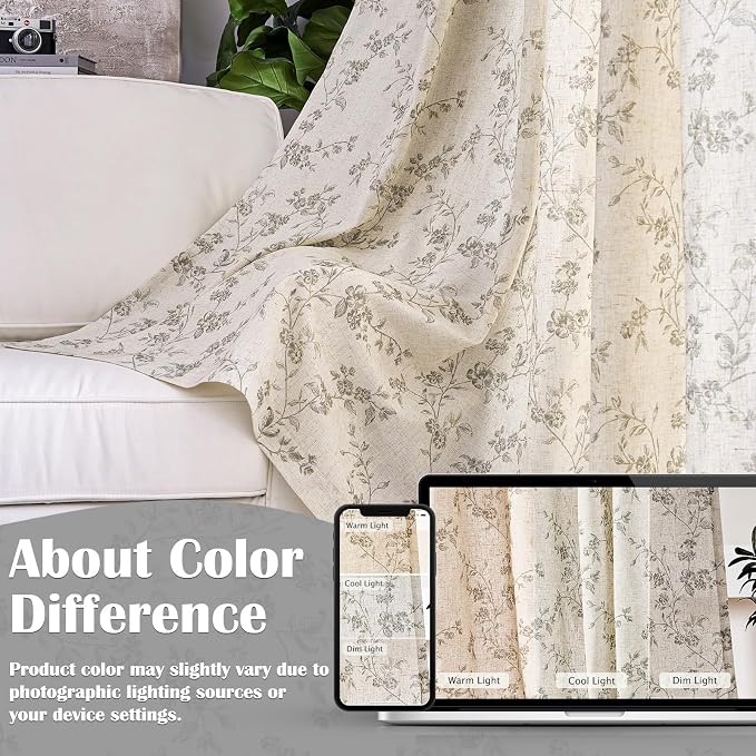 Lazzzy Farmhouse Linen Curtains Gray Floral Curtains 96 Inch Long Back Tab - Image 6
