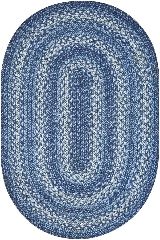 Denim Blue Oval Braided Rug, 2x3' - Handmade with Jute, Coastal Country Decor, Perfect for Bathrooms and Entryways - Reversible and Easy to Clean