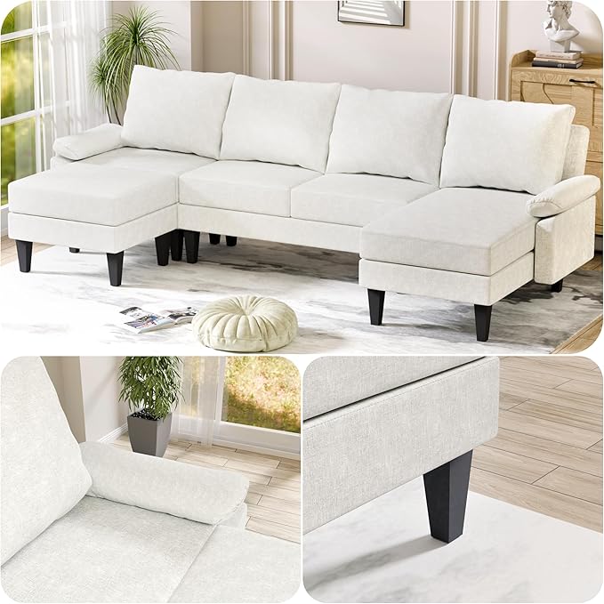 115 Inch U Shaped Sectional Couch with Chaise, 5-Seat Sofa with Moveable Ottoman, Modern Modular Sofa for Living Room, Apartment, Off-White