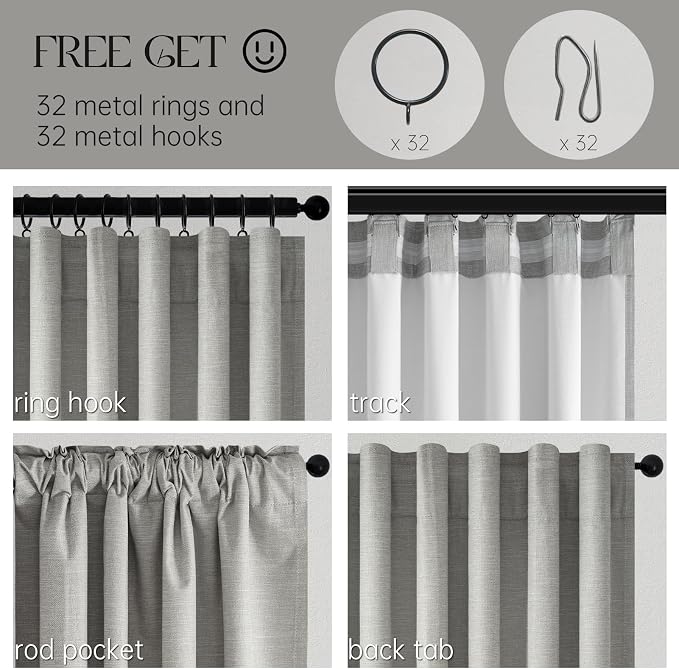 Grey Linen Blackout Curtains 95 Inch Long 2 Panels Back Tab Thermal Insulated - Image 3