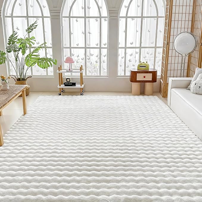 White Rabbit Plush Rug 8'x10', Fluffy Faux Fur Shaggy Area Rug by CHOVY