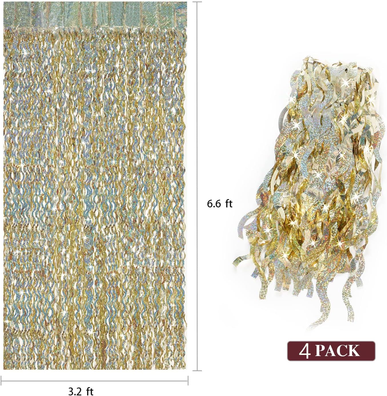 4 Pack Champagne Gold Fringe Curtain Backdrop - CYLMFC 3.3 ft x 6.6 ft Shimmer Wavy Foil Curtain for Birthday Party, Yellow Fringe Backdrop Streamers Party Decorations