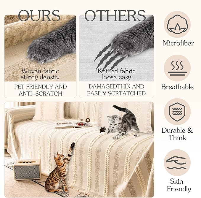 Couch Cover for Dogs Washable Sofa Cover, Sectional Couch Covers, Sofa Covers for 2 Cushion Couch, Non Slip Stripe Sofa Slipcovers Furniture Protector, Couch Protector from Cat Claws, Beige,71''x134''