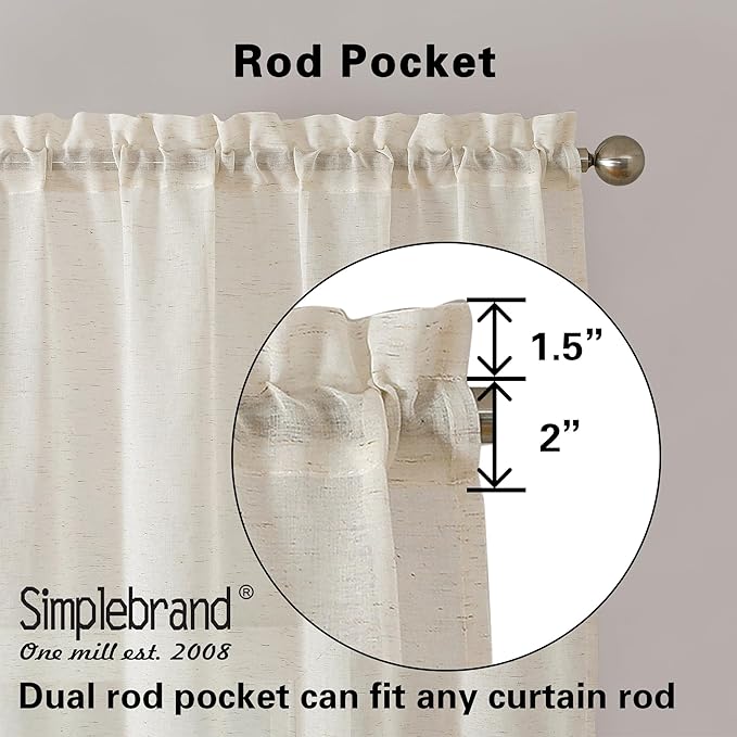 Simplebrand Natural Linen Textured Sheer Curtains 63 Inch Length 2 Panels - Image 4
