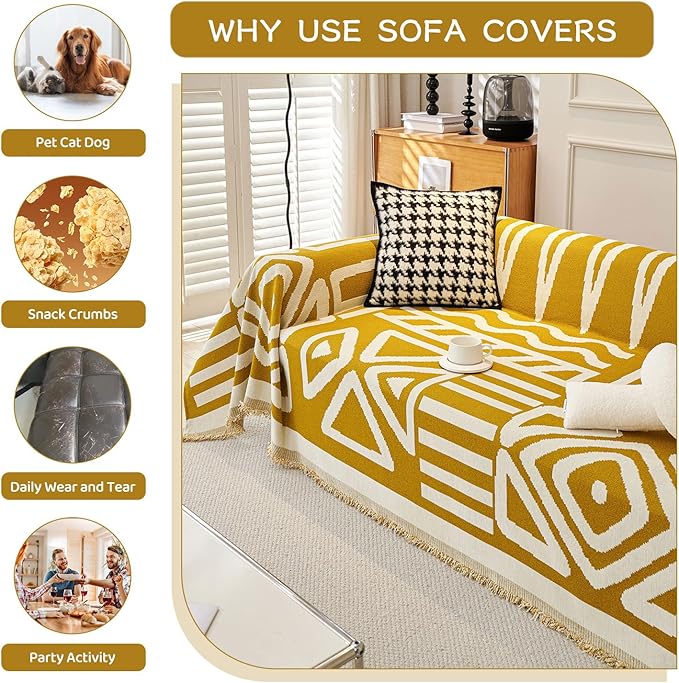 STACYPIK Boho Mustard Yellow Couch Cover Sofa Cover for Dogs Reversible Furniture Protector for 2 Cushion Couch Washable Sectional Sofa Covers Loveseat Cover Non Slip Pet Protector Cover-71X90IN