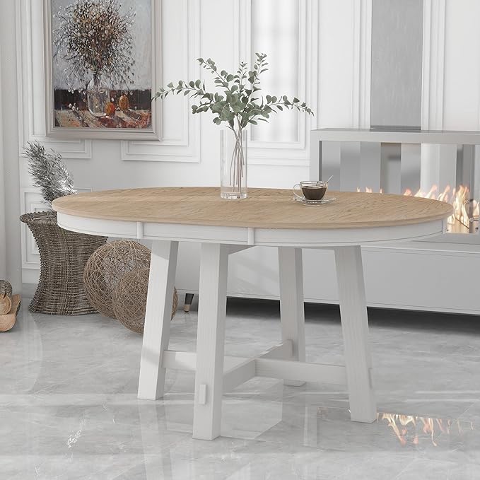 Farmhouse Style Expandable Round to Oval Dining Table with 16" Removable Leaf, Solid Wood Extendable Tabletop with Cross Trestle Legs, Space-Saving Kitchen-Tables for Home Apartment Restaurant