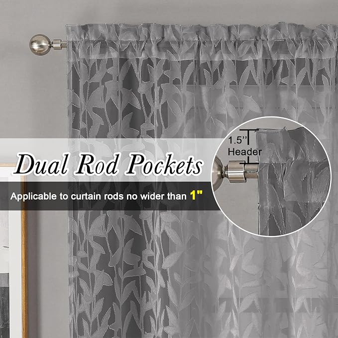 Lecloud Leia Charcoal Grey Sheer Curtains 84 Inches Long 2 Panels, Airy Leaf - Image 4