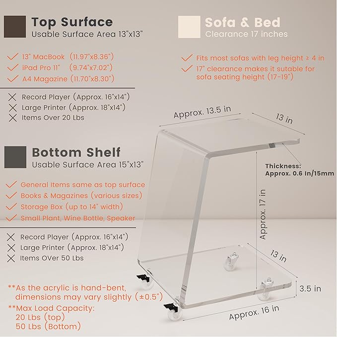 2-Pack Clear Acrylic C Shaped Side Table with Wheels, Modern End Tables for Sofa, Couch, and Bed – 15mm Thick Durable Acrylic Small Snack Laptop Tables for Living Room & Bedroom
